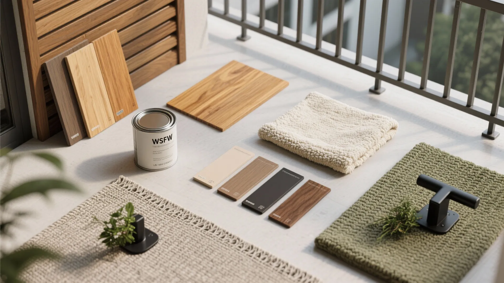 Interior design material samples with wood pieces paint can and fabric on a balcony floor