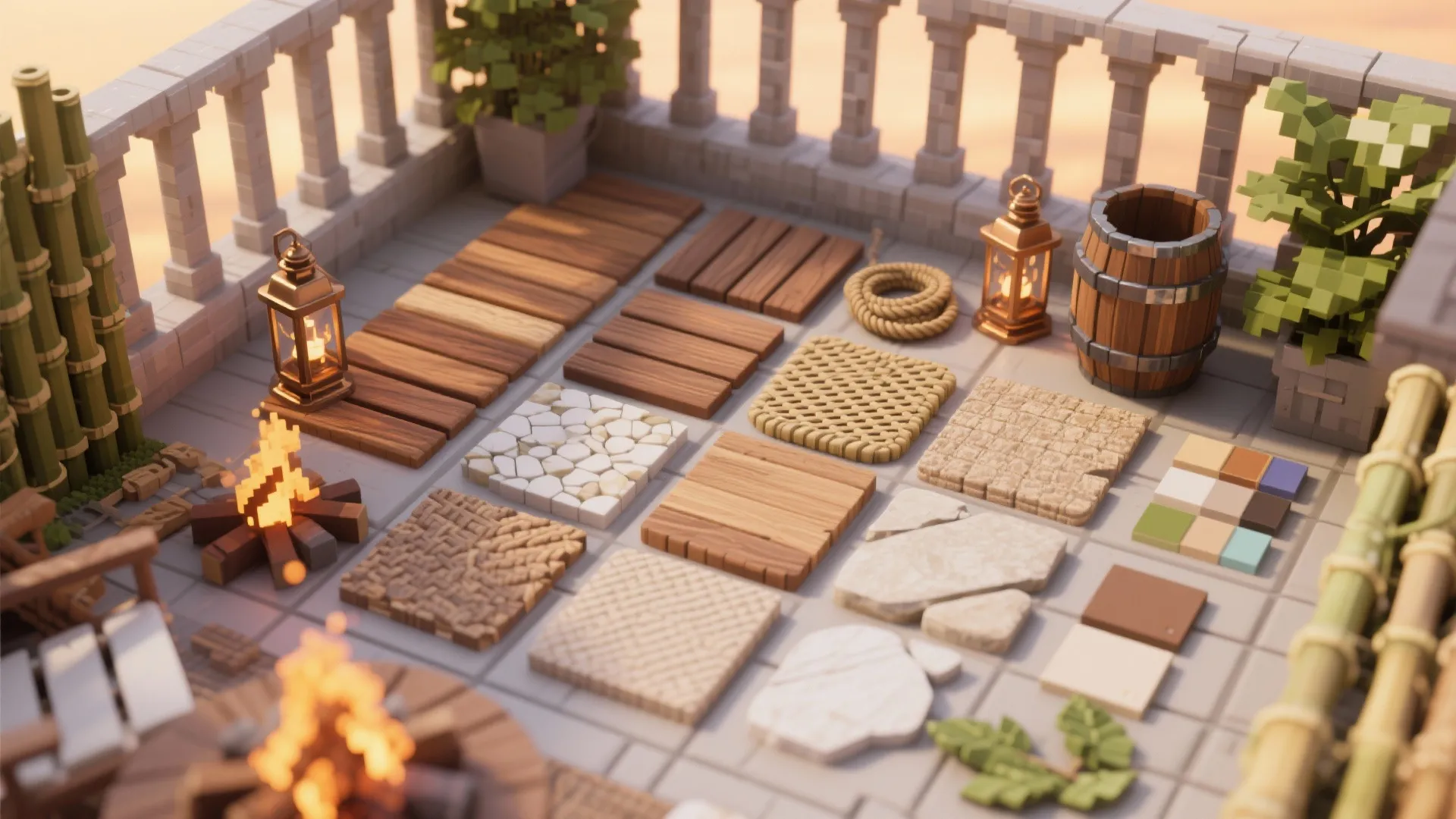 Various flooring material samples including wood and stone displayed on a balcony with cozy lights