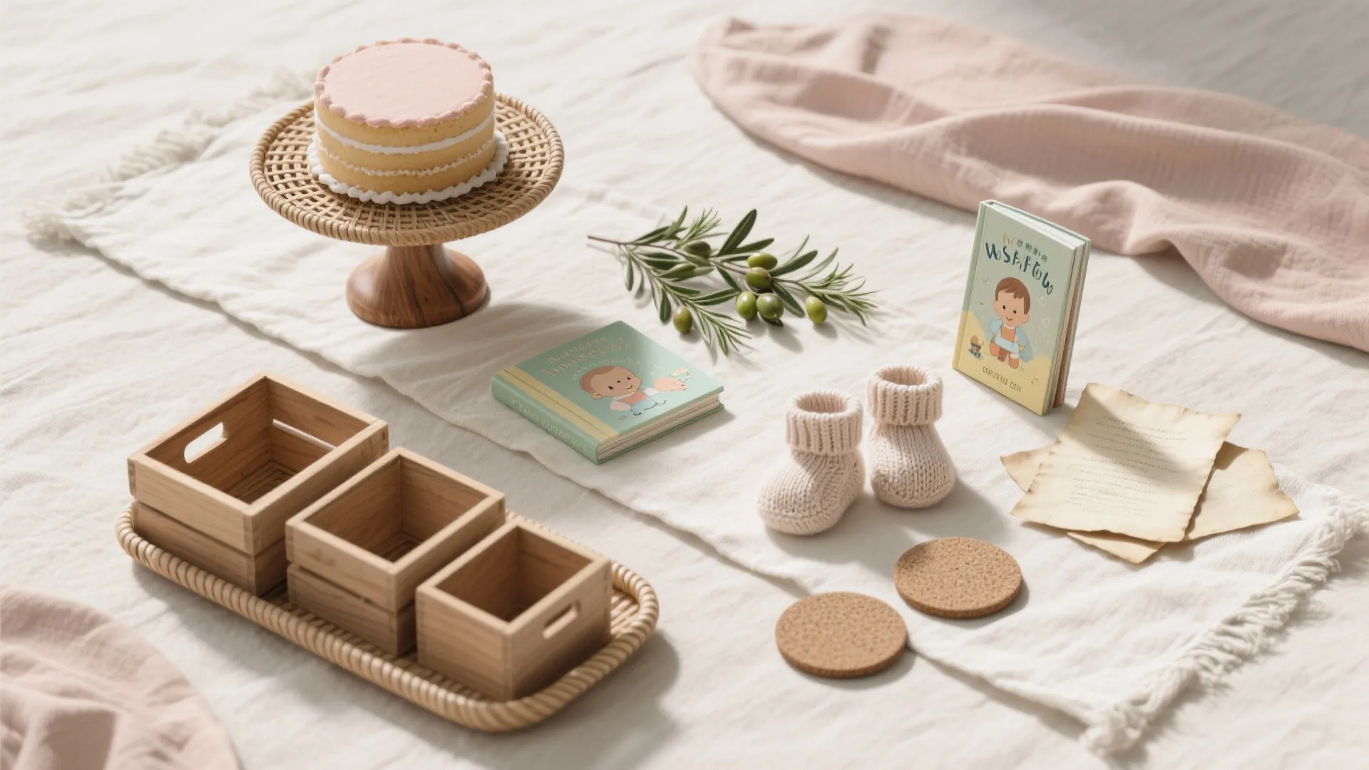 Baby room accessories with wooden boxes and small pink shoes on a white fabric background