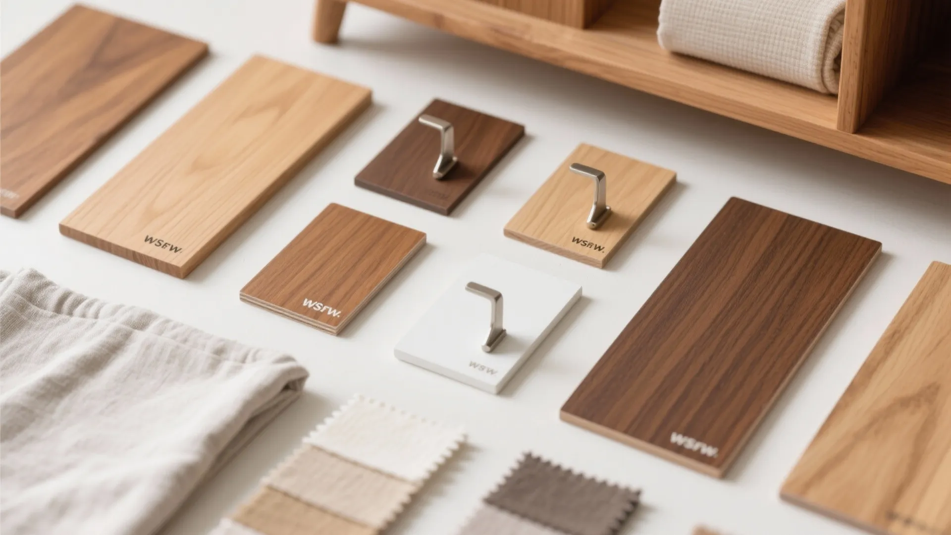 Interior design material board with wood samples metal hooks fabric swatches and light wooden furniture