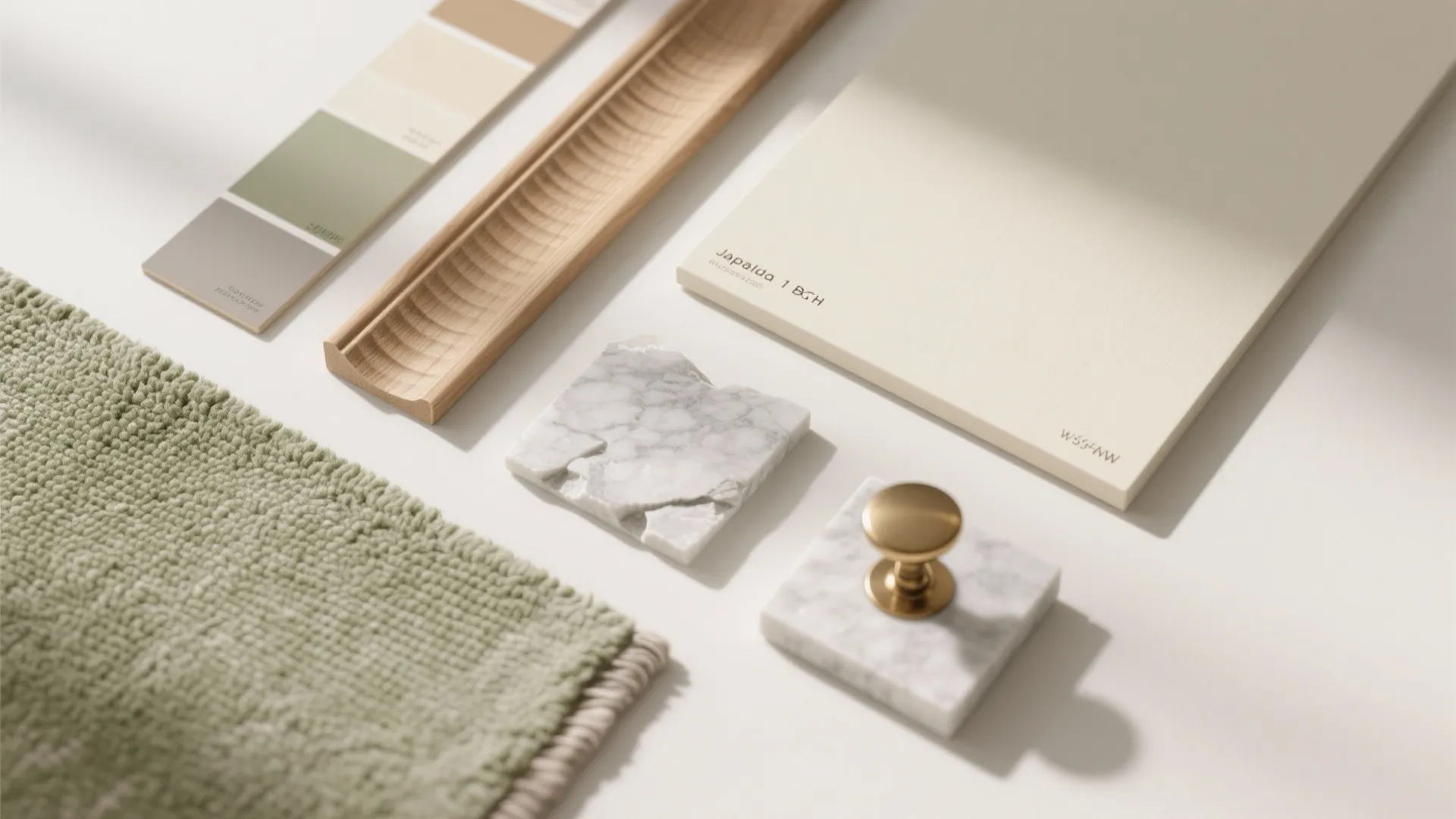 Material samples for home design including marble tiles green rug wood trim and metal knob