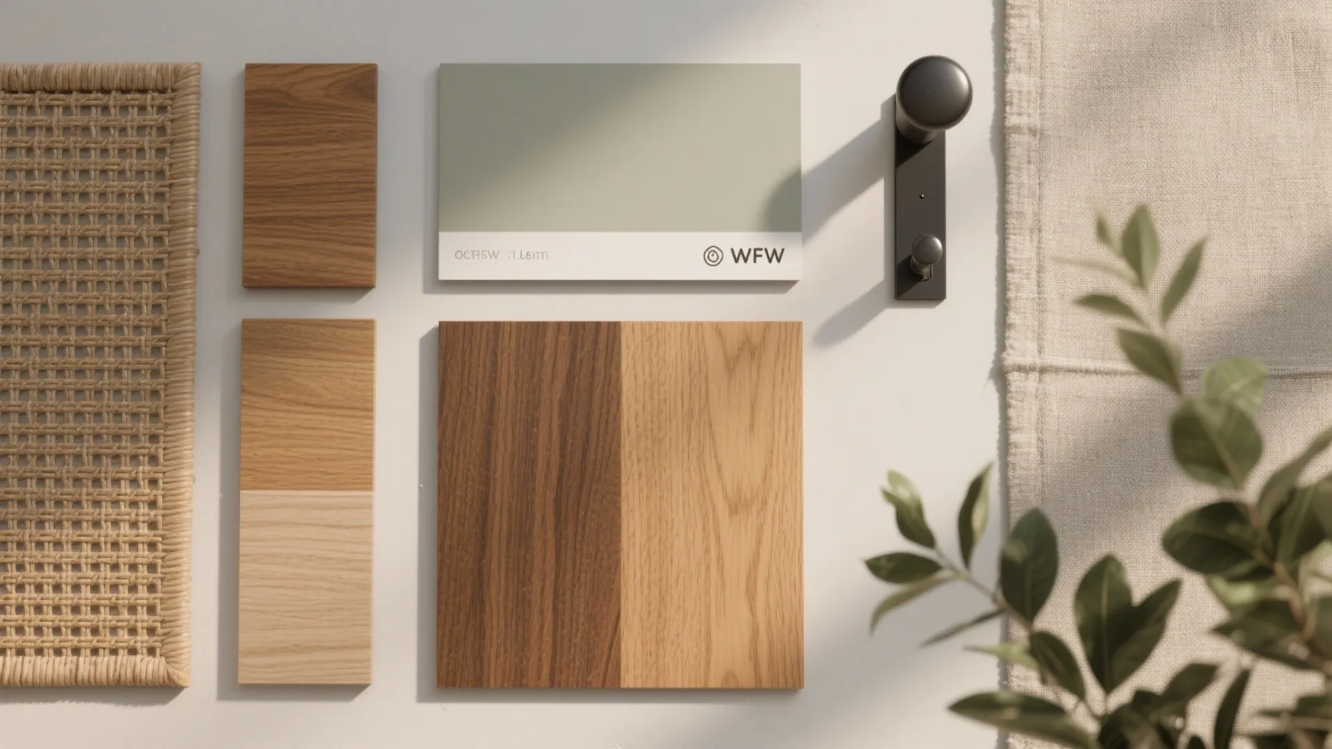Interior design materials with wood swatches green color card black handle woven texture plant leaves