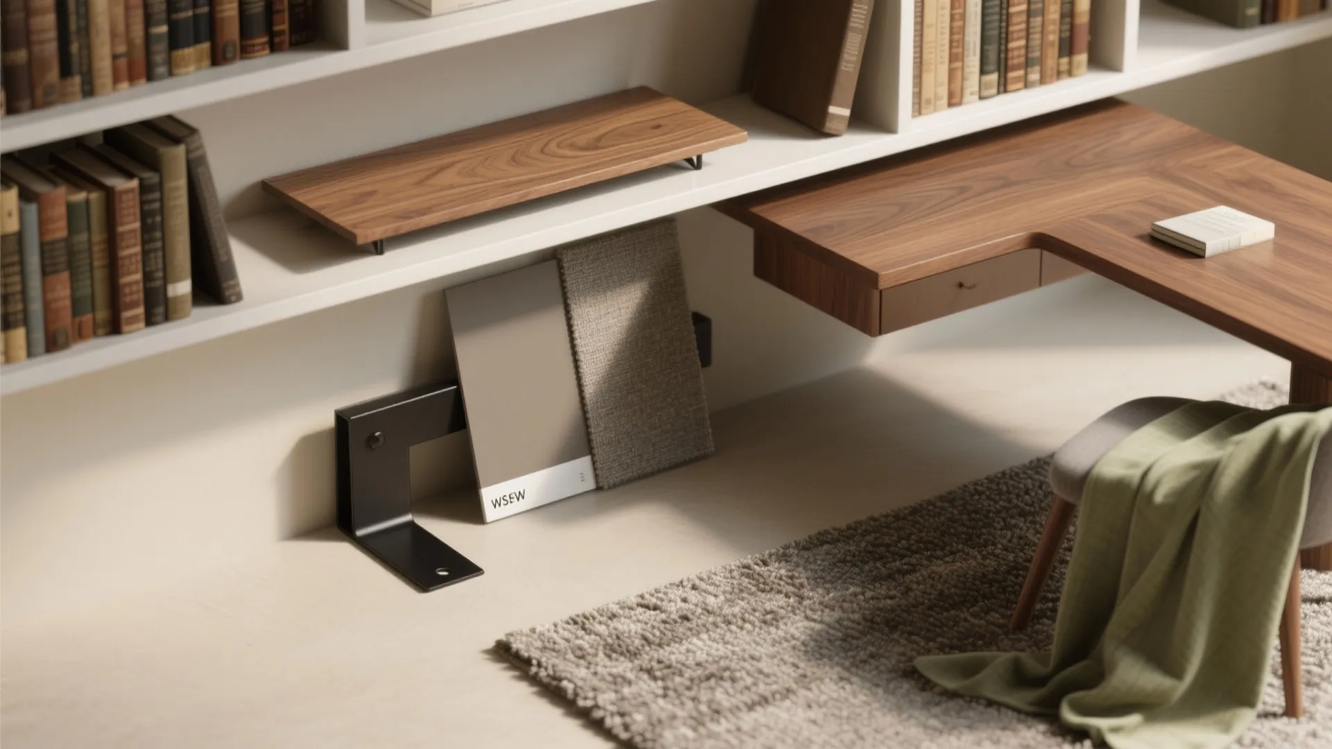 Interior design materials including wood samples and fabric swatches placed near a wooden office desk