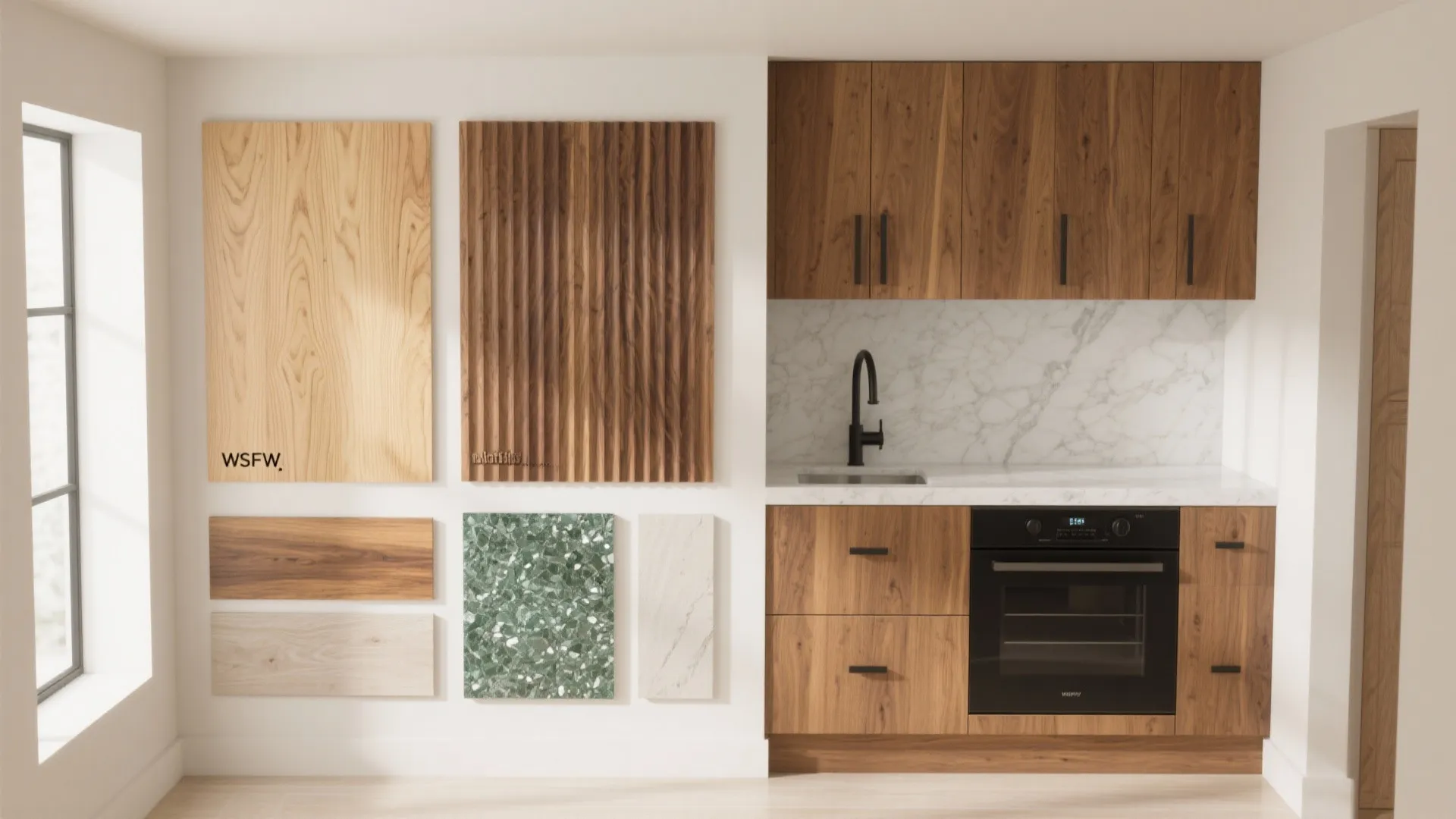 Kitchen material board with wood samples green tile marble and wooden cabinets with a black oven