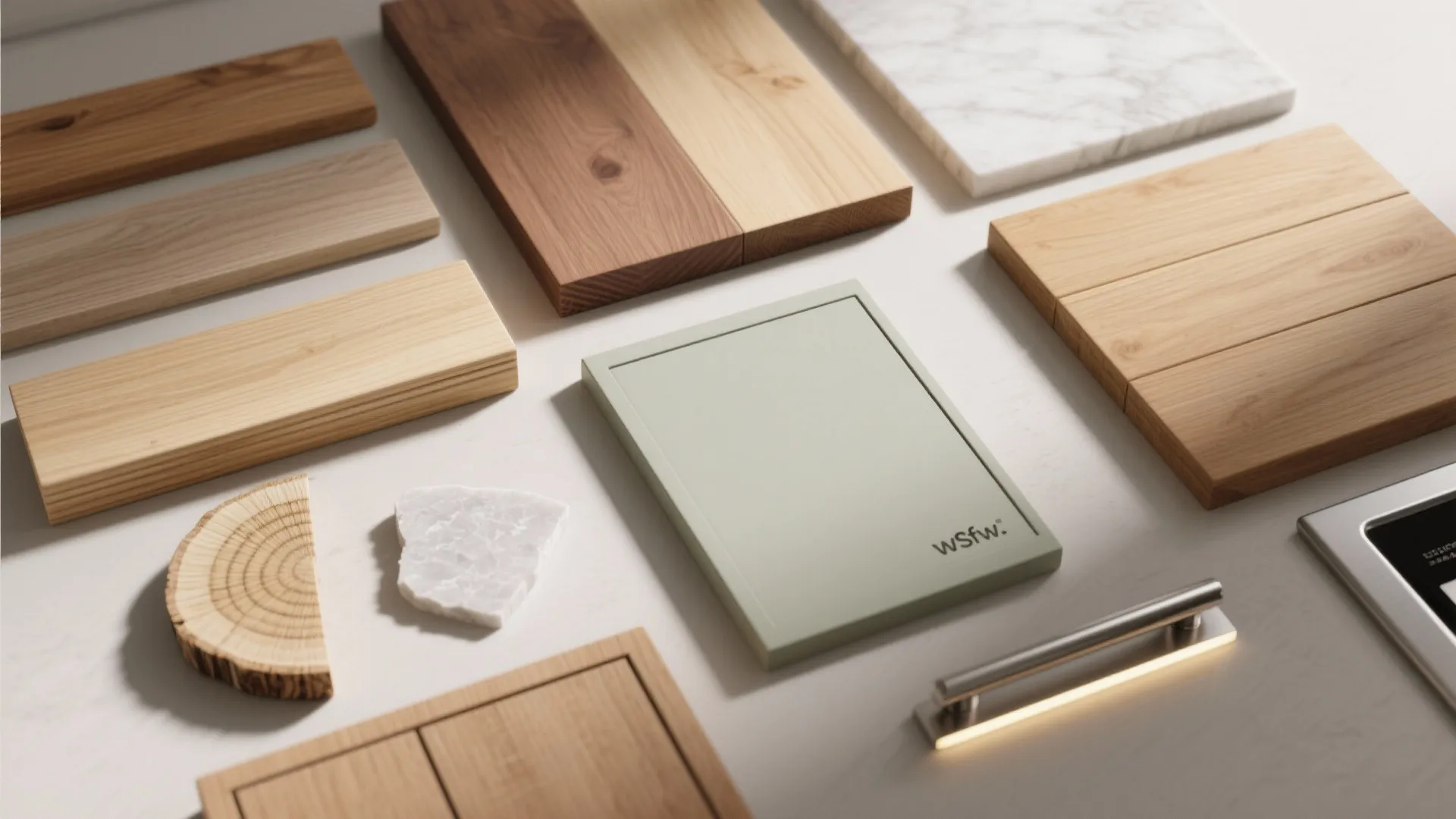 Wood planks marble tiles and green cabinet door samples arranged for a modern interior design