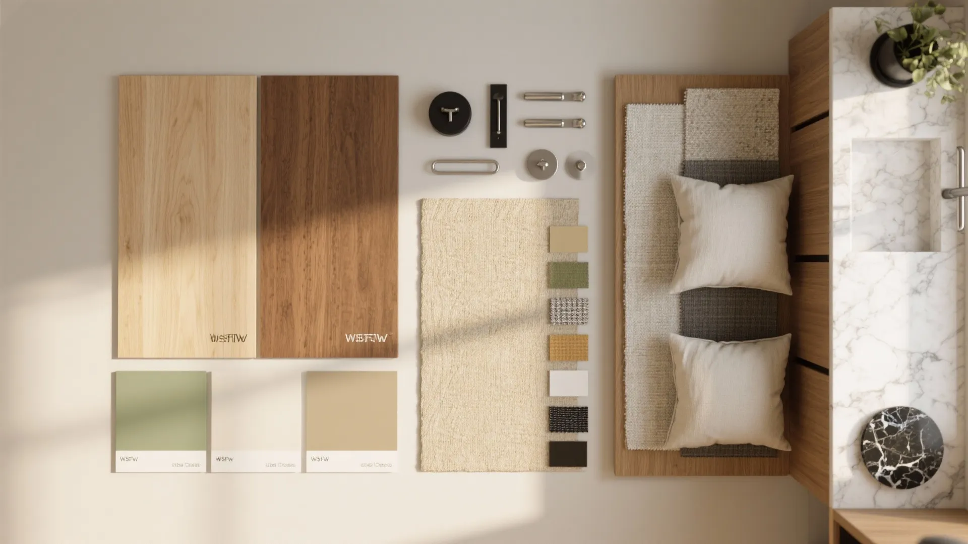 Interior design mood board with wood samples, color swatches, metal handles, fabric textures, and pillows