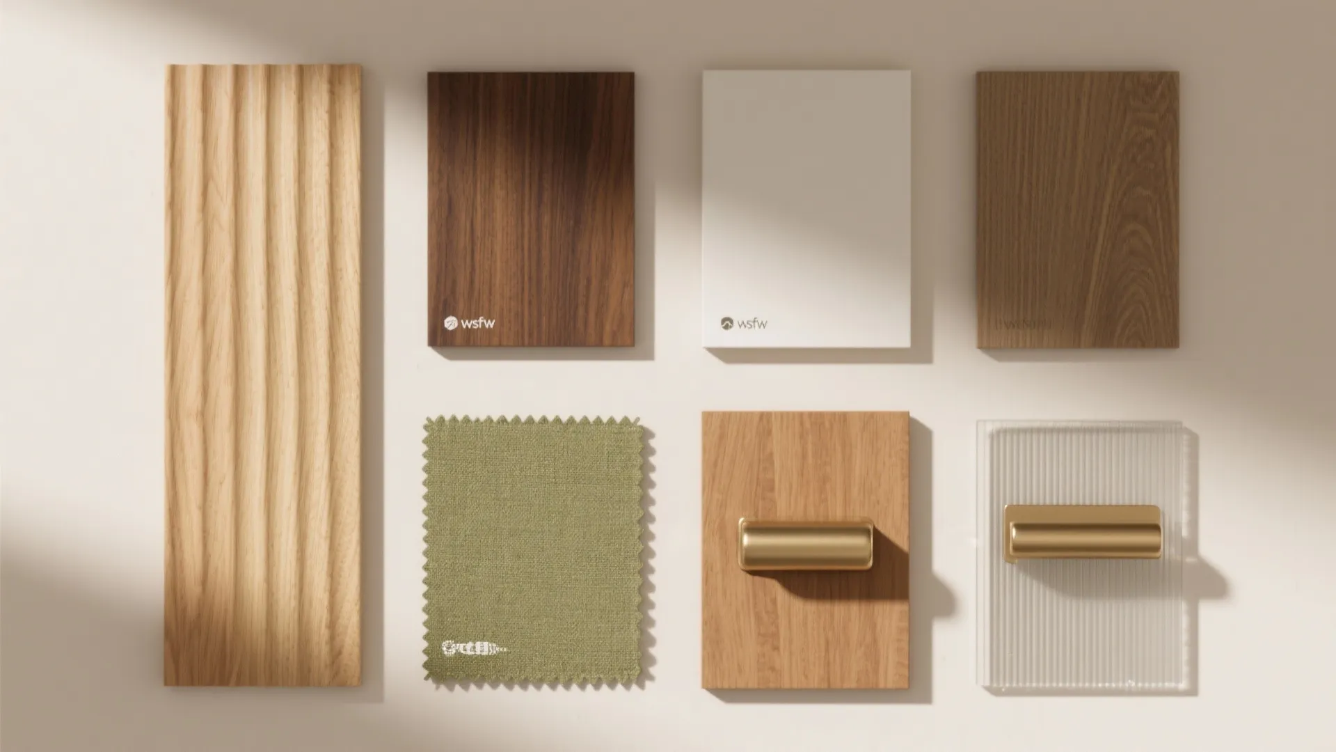 Material samples including wood panels green fabric and gold metal handles on a white background