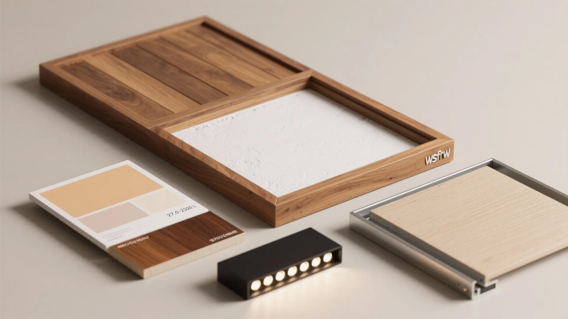 Interior design material board with wood samples color palette and a small black light fixture