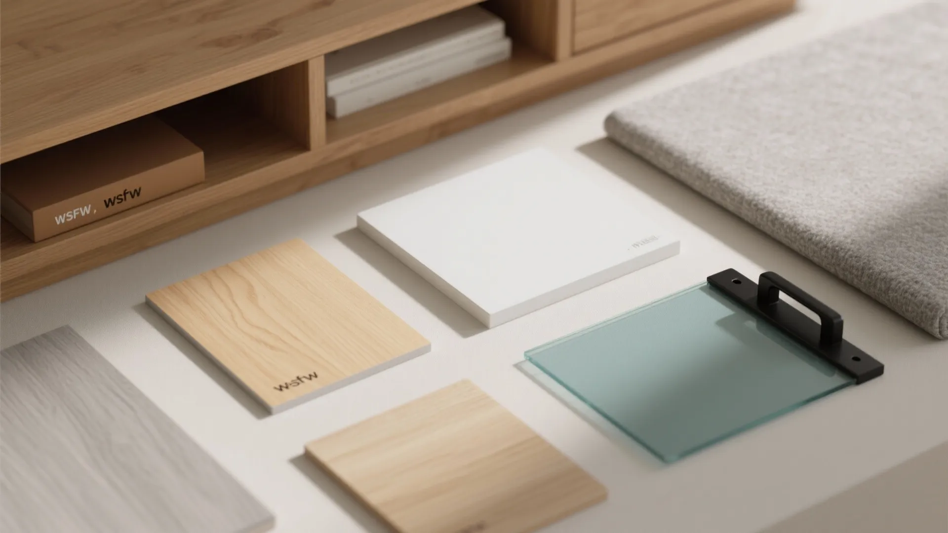 Material samples including wood panels white tile and green glass on a desk with cabinet