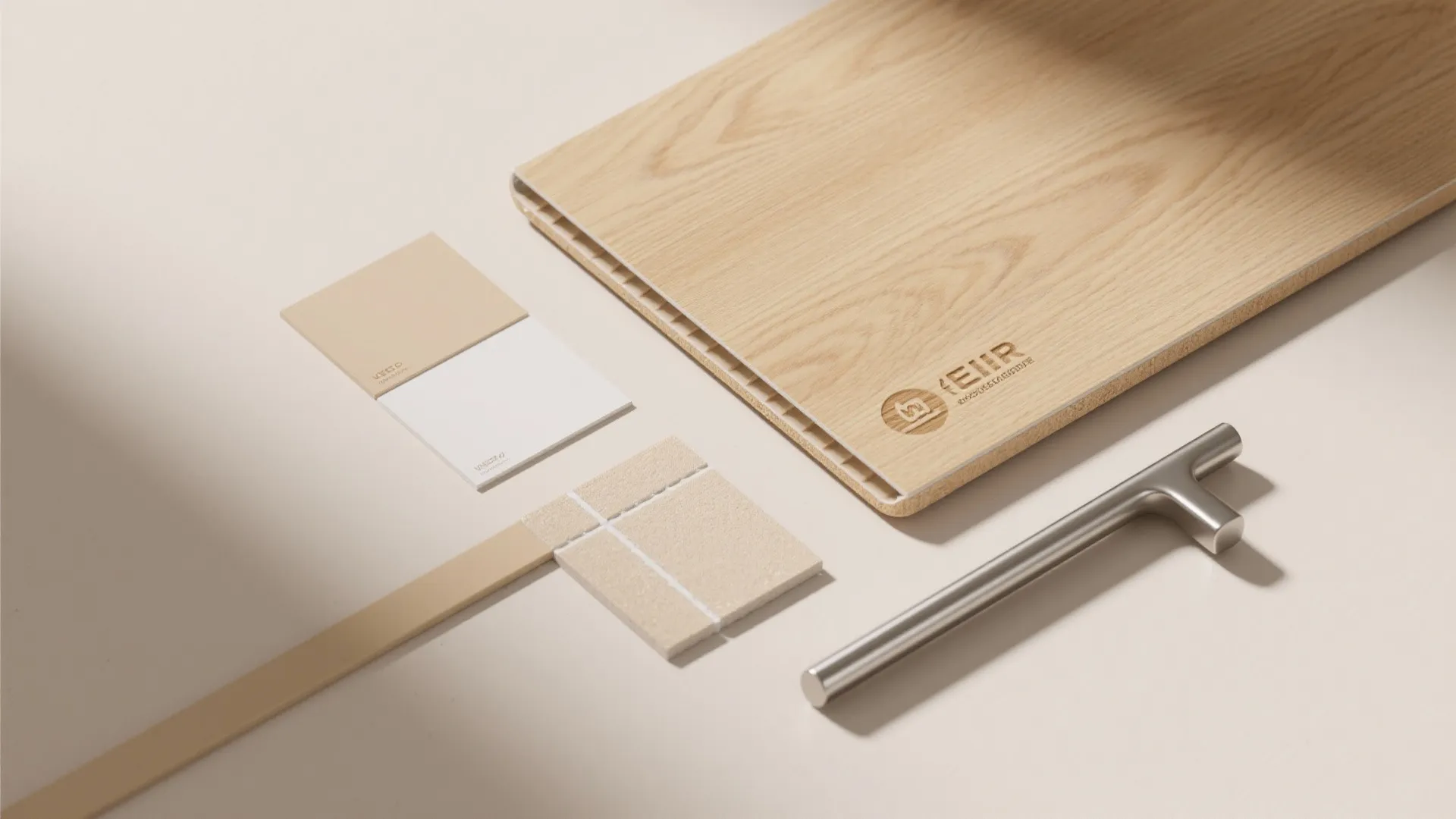 Interior design material flat lay with wood panel color cards tile sample and metal handle
