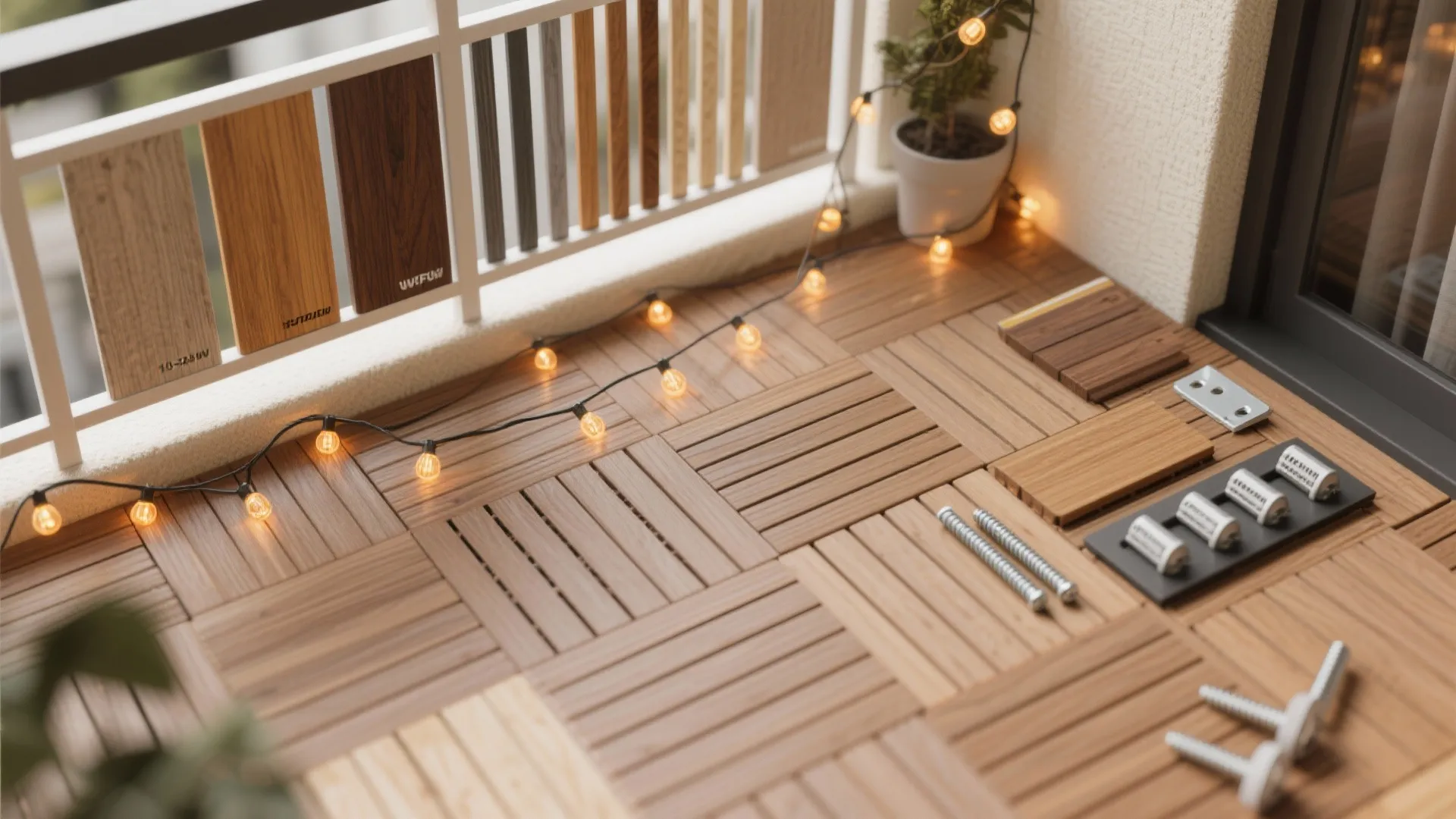 Warm Wood Layers: Deck Tiles, Slat Wall, and Trim