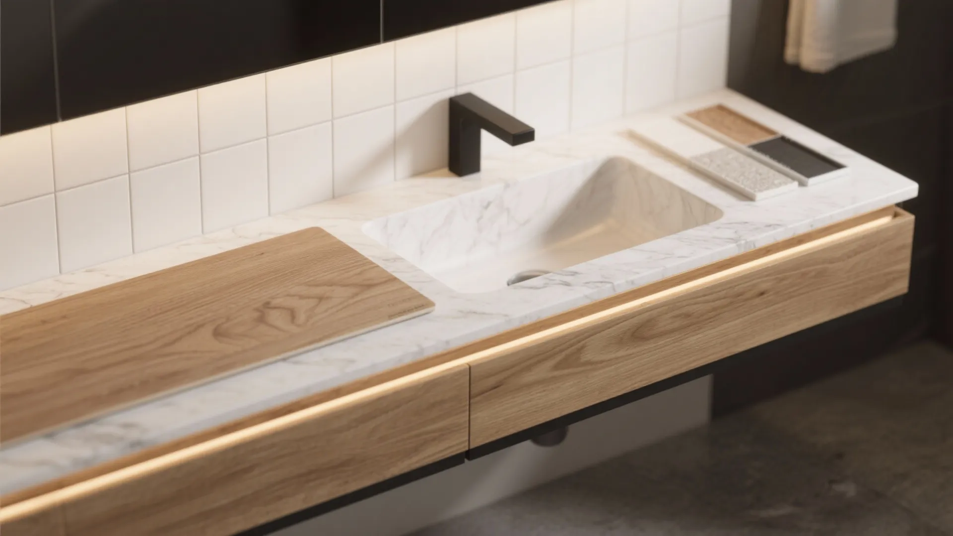 Flat lay palette: oak veneer, light stone, white tile, matte black hardware, and warm LED for a narrow wall-hung vanity.