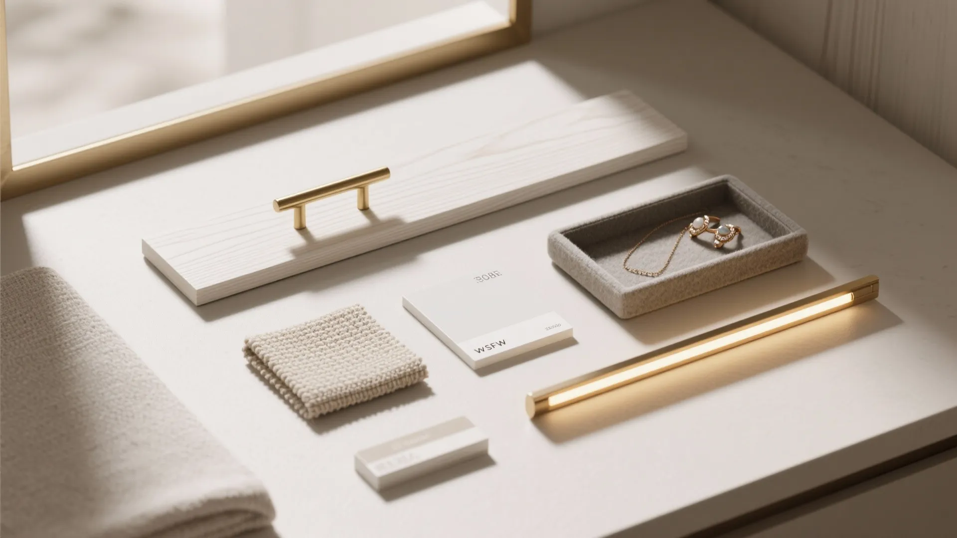 Modern interior design material board with white wood panel gold handle fabric swatches and jewelry