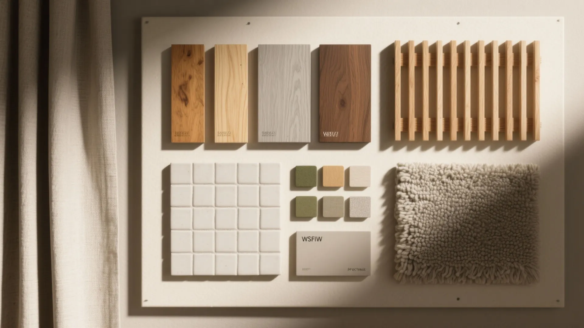 Interior design mood board with wood samples white tiles fabric swatches and small green carpet