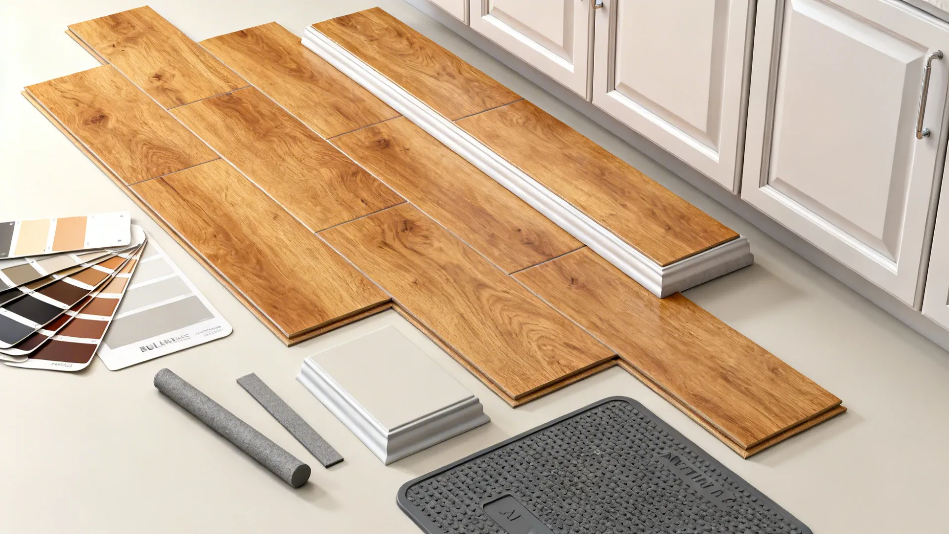 Top-down flatlay of honey oak porcelain planks with matching trims and palette swatches.