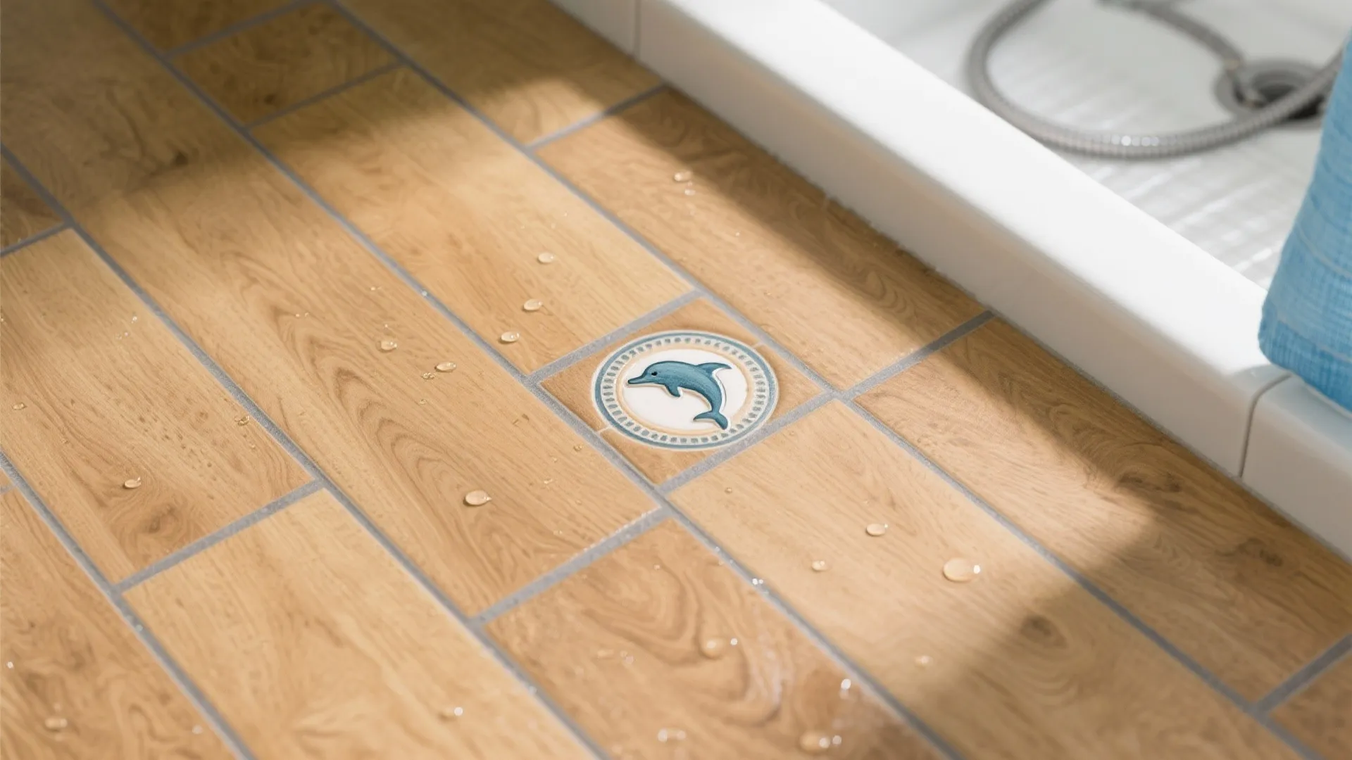 Warm Wood-Look Porcelain with Dolphin Inlays