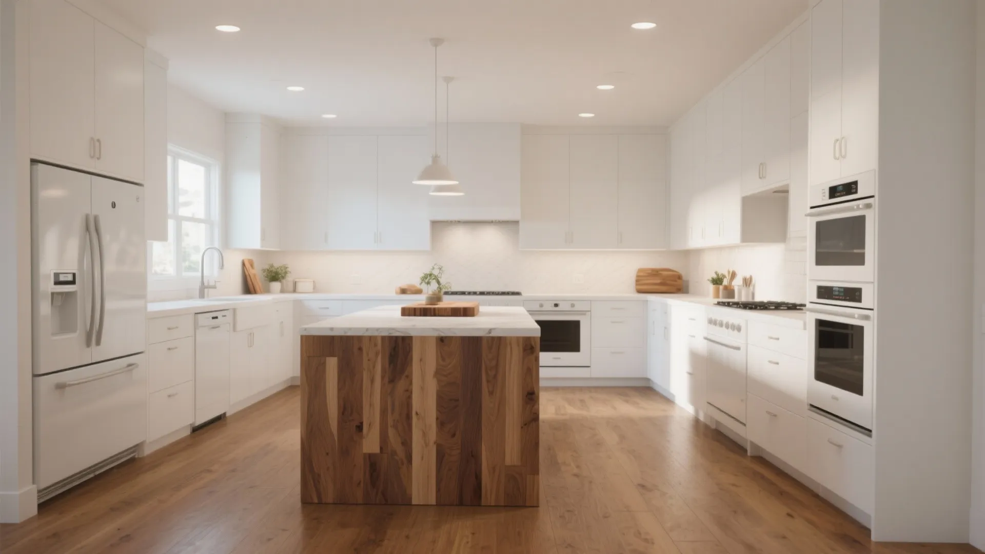 5. Anchor the room with warm flooring or a statement island