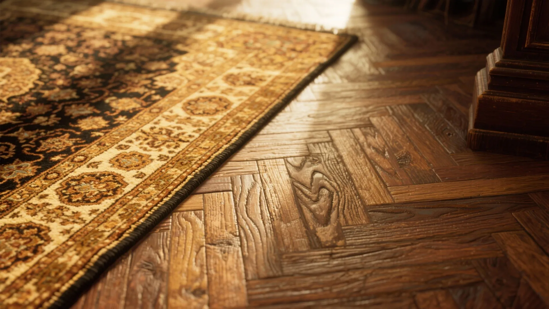 Classic patterned area rug placed on dark brown wooden floor with sunlight and shadow details