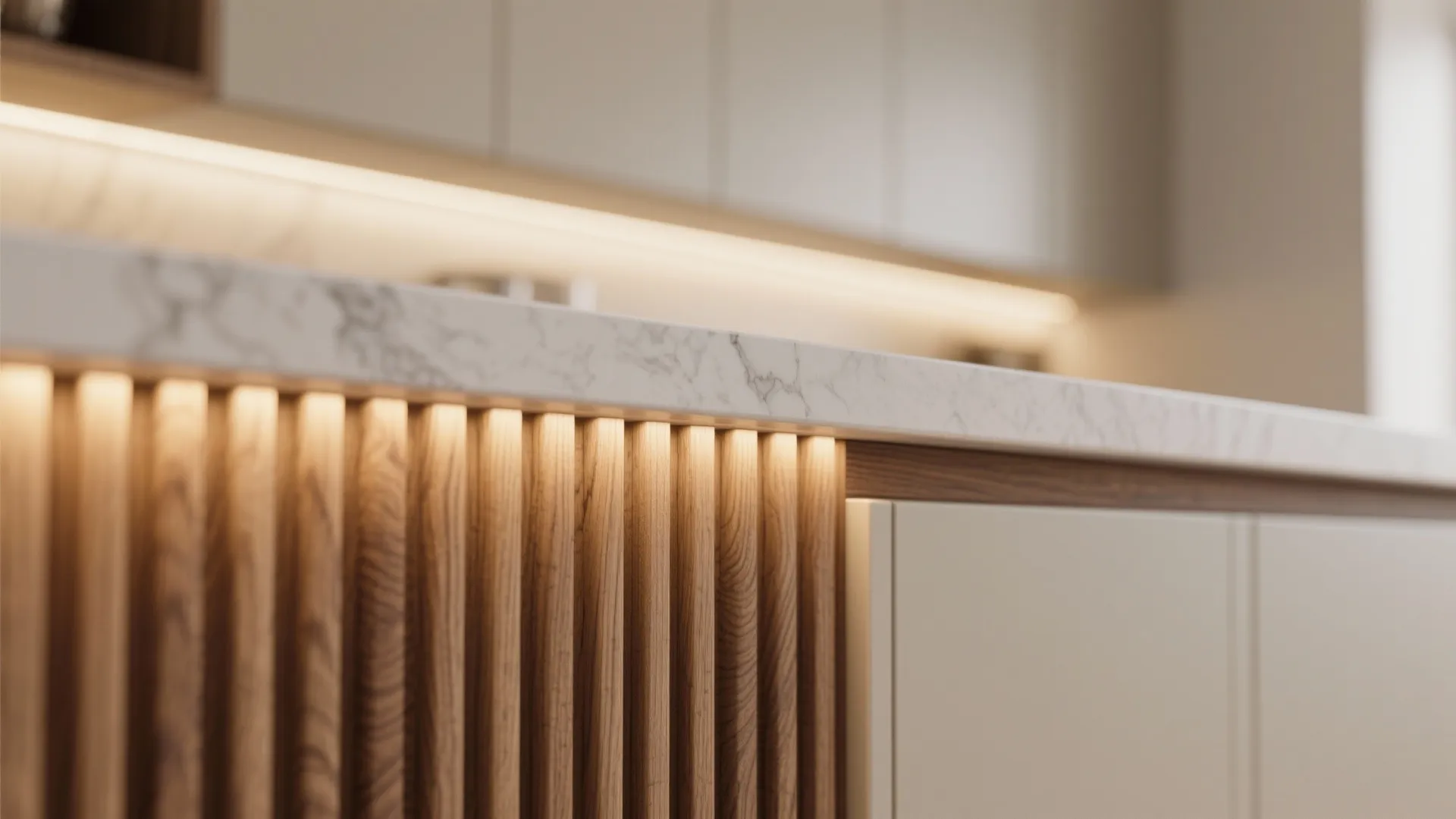 Macro of ribbed wood flutes with soft LED light and slim wood trim beside a pale quartz edge