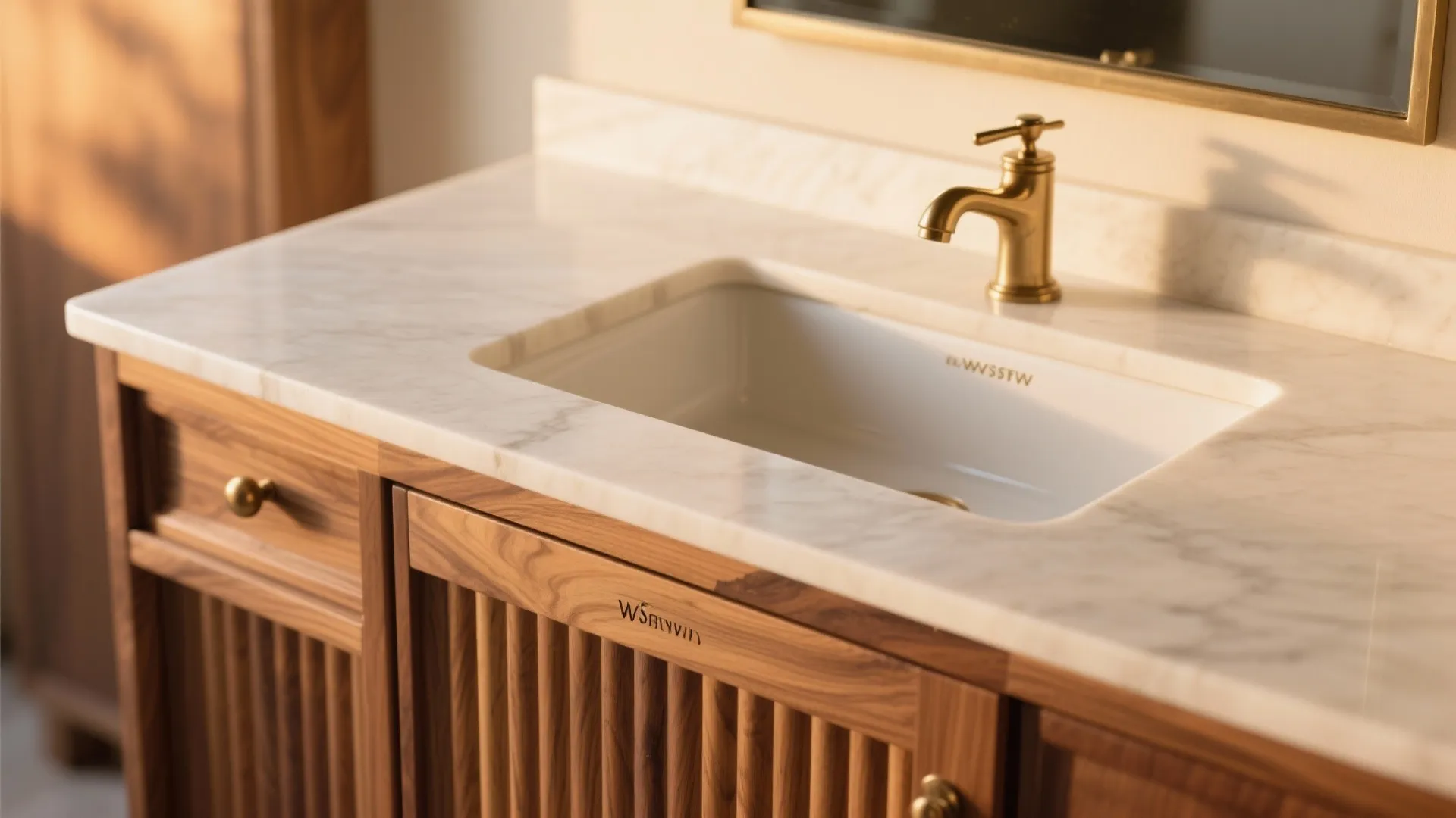 4) Furniture-Look Vanity: Warm Wood and Fluted Detail