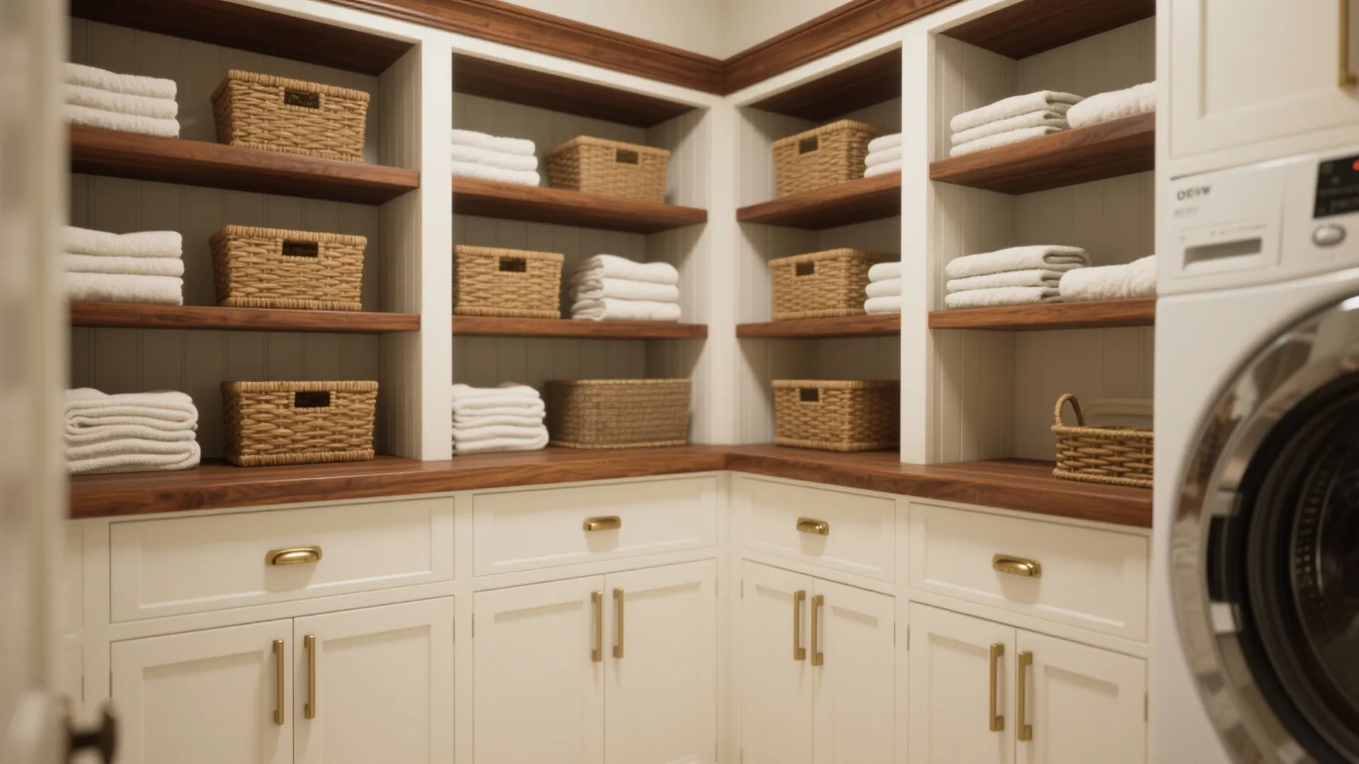 Large laundry room with white cabinets wood countertops and open shelving filled with towels and baskets