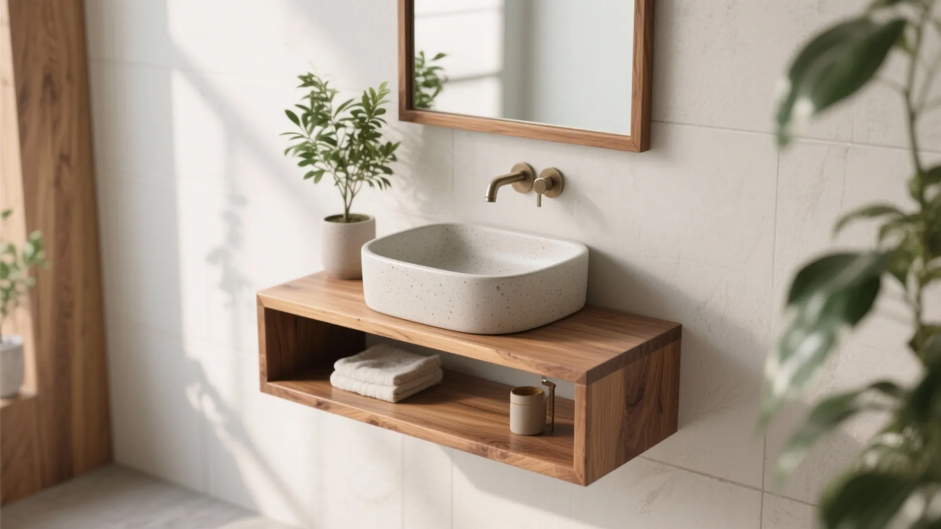 Wood-Frame Basin with Storage Shelf