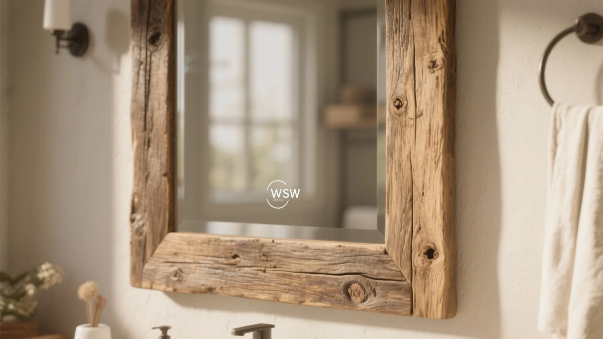 Close-up of a bathroom mirror with reclaimed wood frame