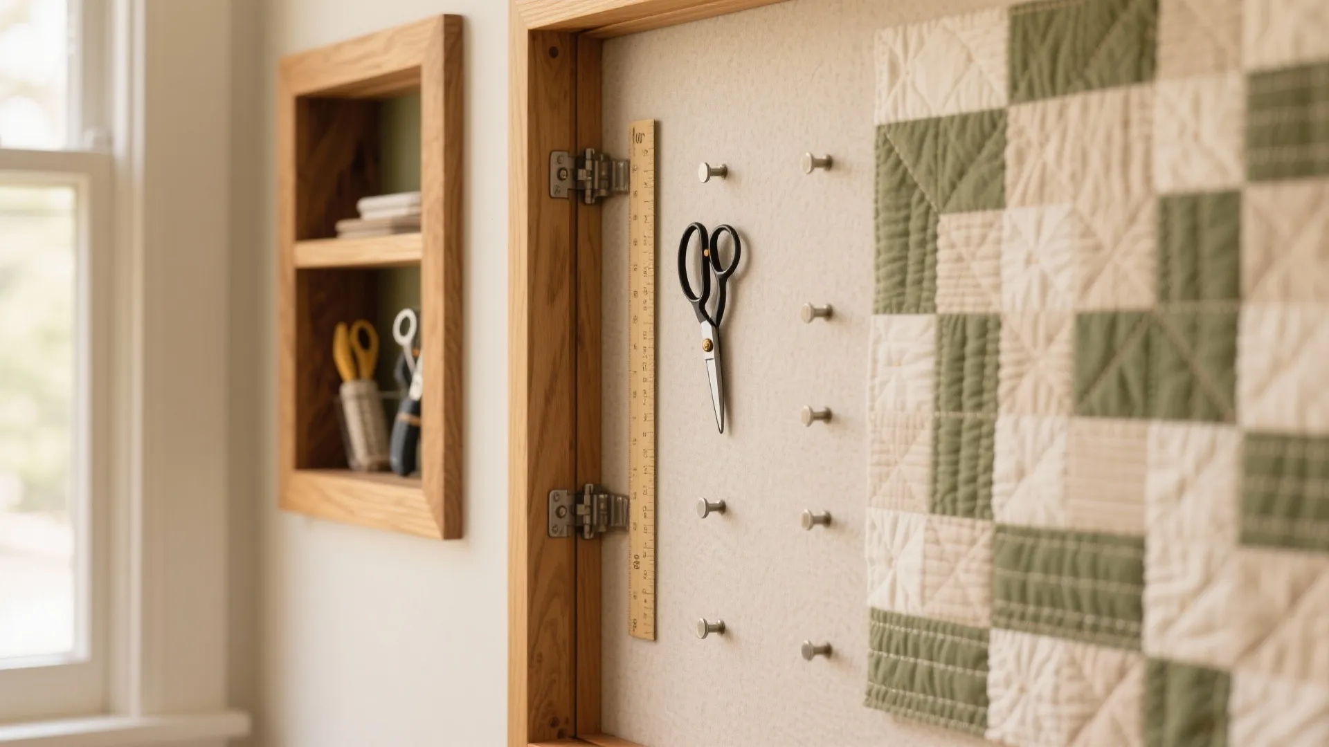Warm wood-framed wall with slim, hidden storage