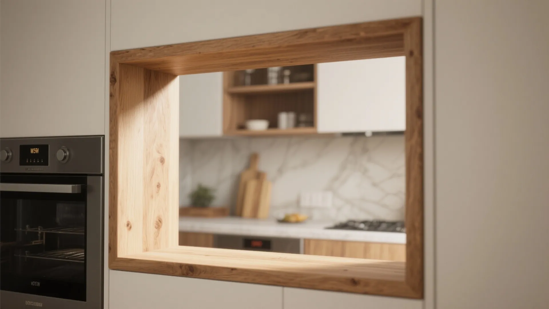 Modern kitchen with wood frame wall opening showing marble backsplash oven and light wood storage cabinets