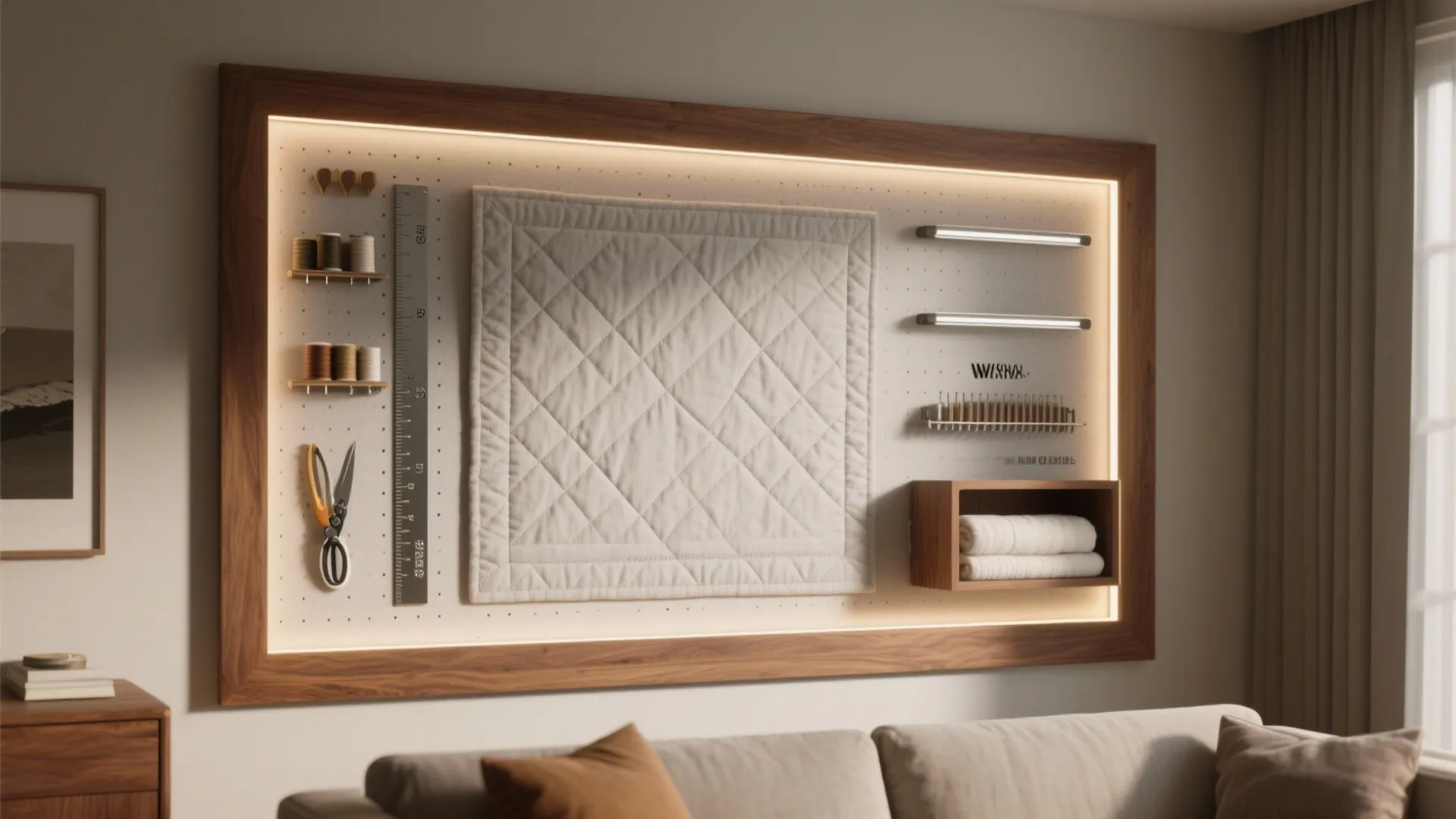 Wood-framed quilt design wall board with integrated storage and dimmable LED lighting in a living room.
