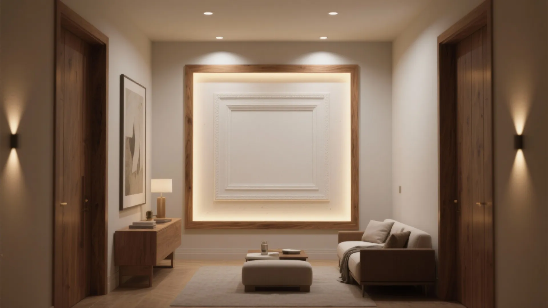 Modern living room with wooden wall frame, beige sofa, small footrest, side cabinet, and lighting