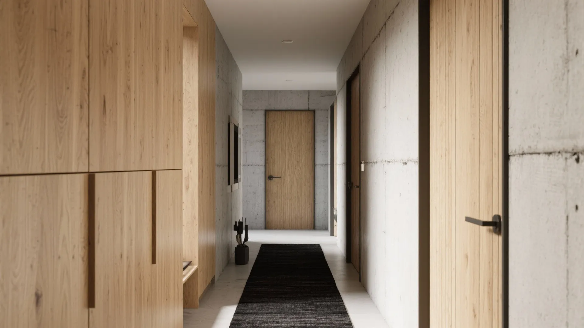 Modern hallway with concrete walls wooden doors large wood cabinet and a long black rug