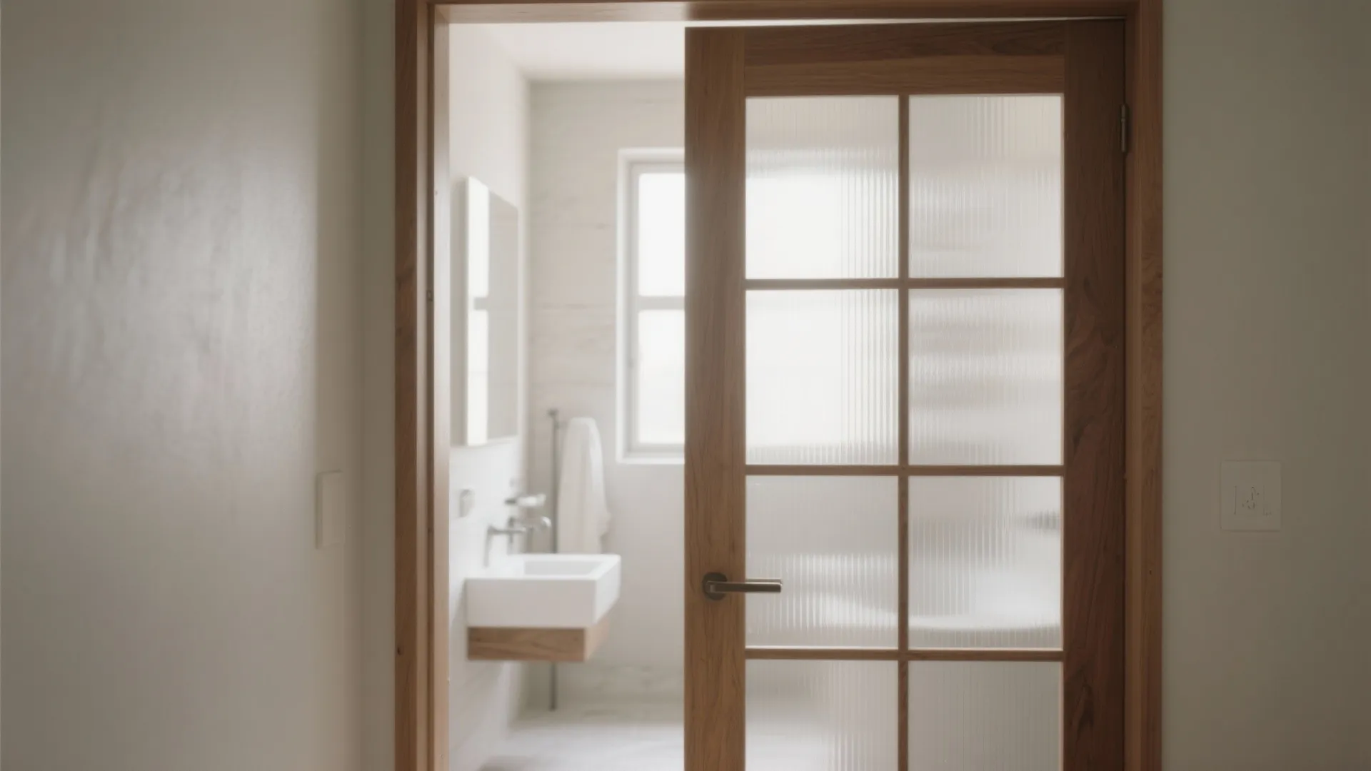 Wooden bathroom door with frosted glass panel softly illuminating a windowless bath.