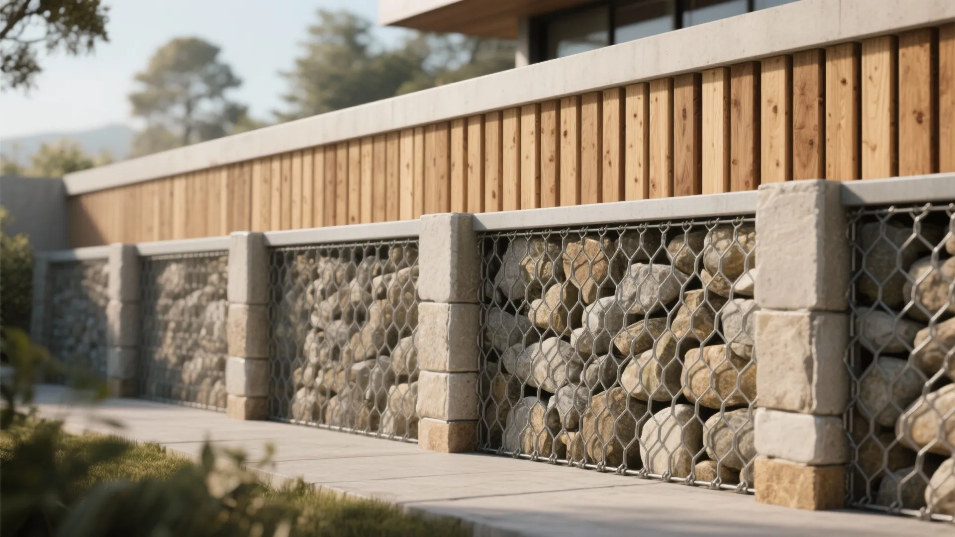 Mixed materials: wood with gabion or masonry piers