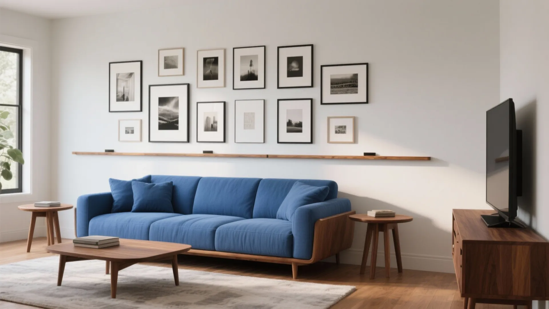Warm Wood + Gallery Wall Around a Mid-Blue Sofa