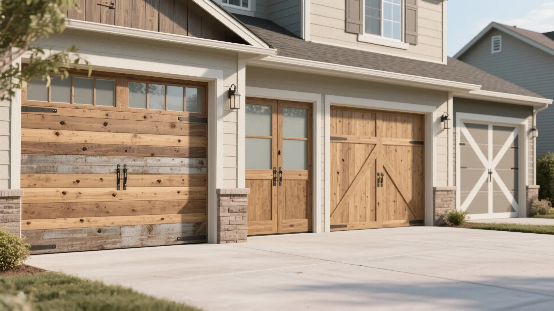 Exterior of a modern house showing three different wood garage doors with black handles and windows