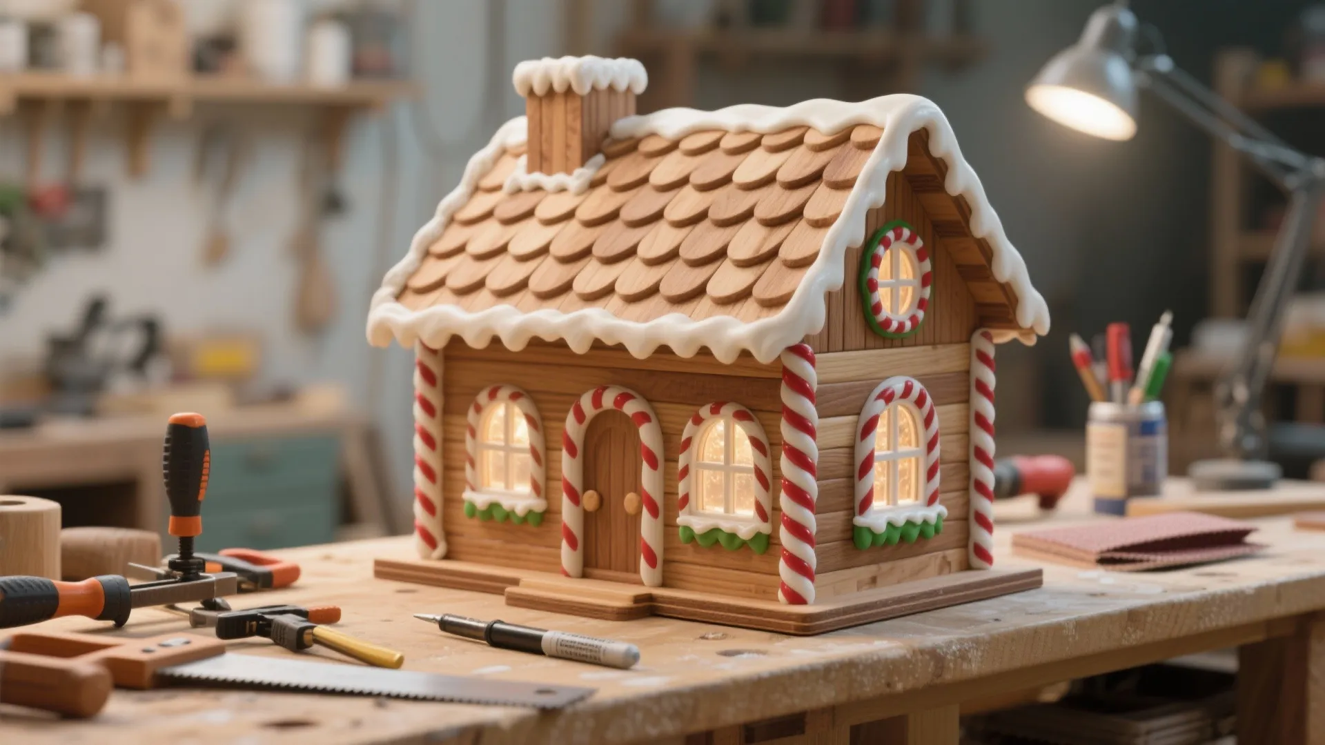 Wooden gingerbread house model with white frosting roof on a work table with many tools