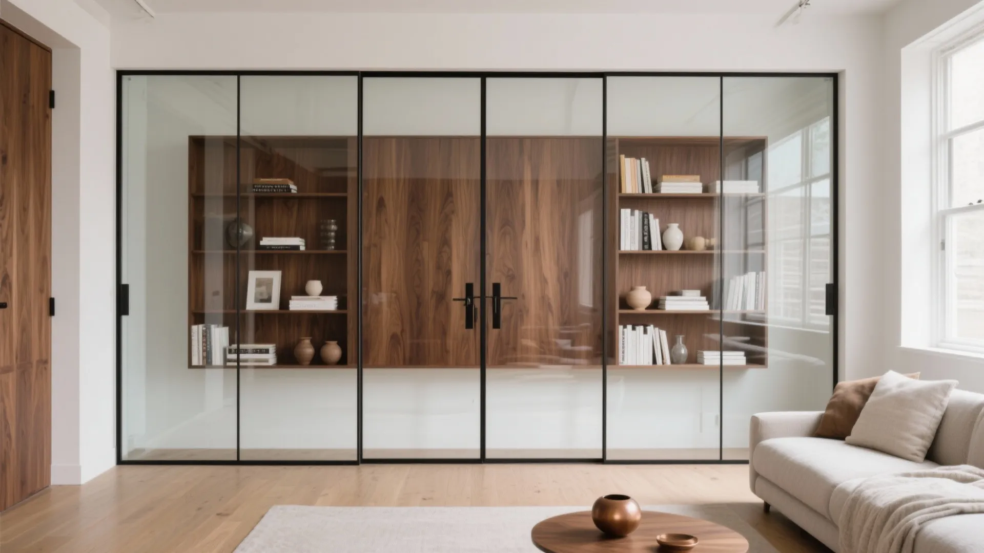 Minimalist glass-and-wood wall showcase