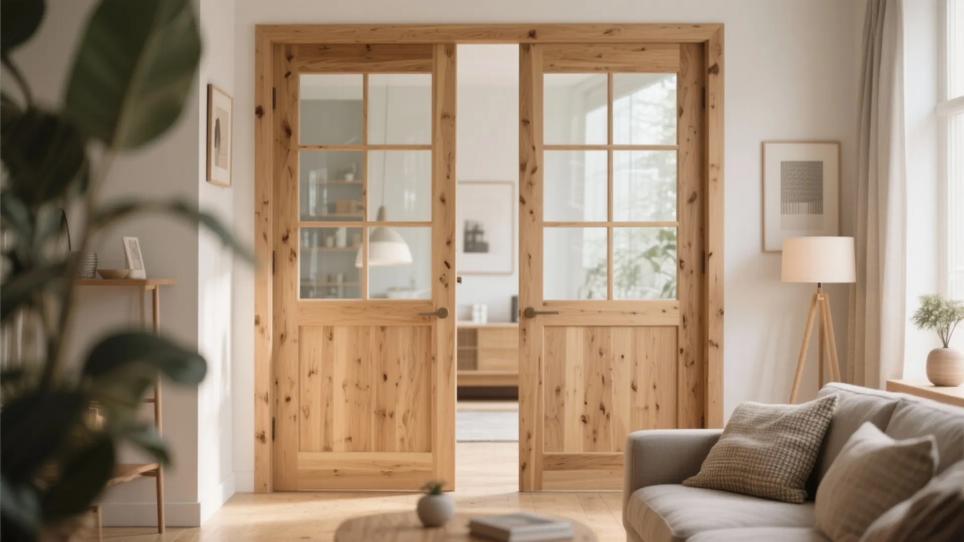 Bright room featuring wooden double doors with glass panels beige sofa and a floor light fixture