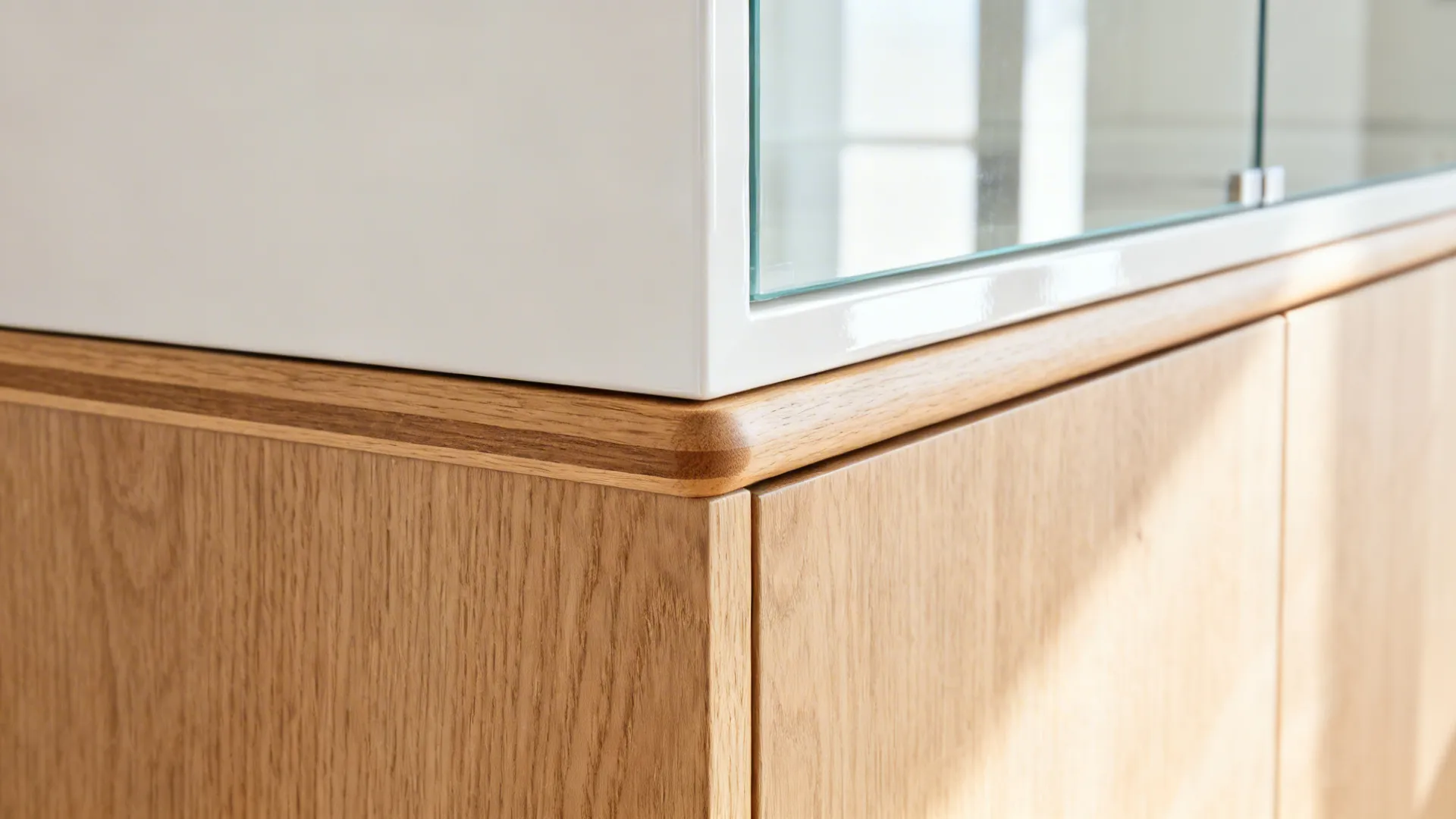 Close up of wood cabinet showing rounded edges white top and glass doors in natural light