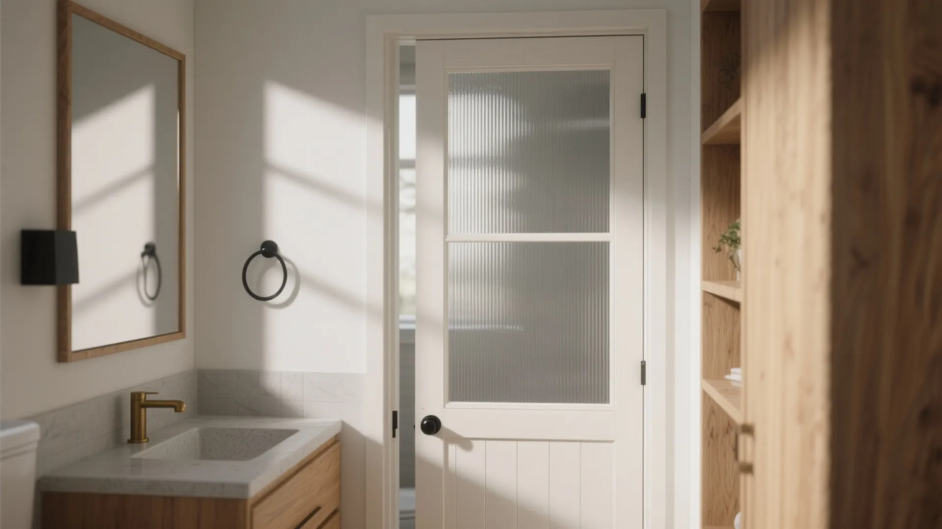 4) Mixed-material: wood door with frosted or reeded glass