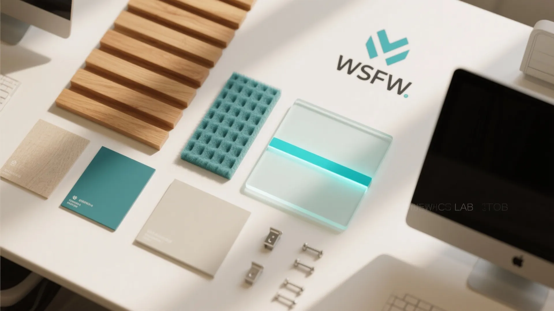 Material mix: wood slats, backlit glass, and felt for identity