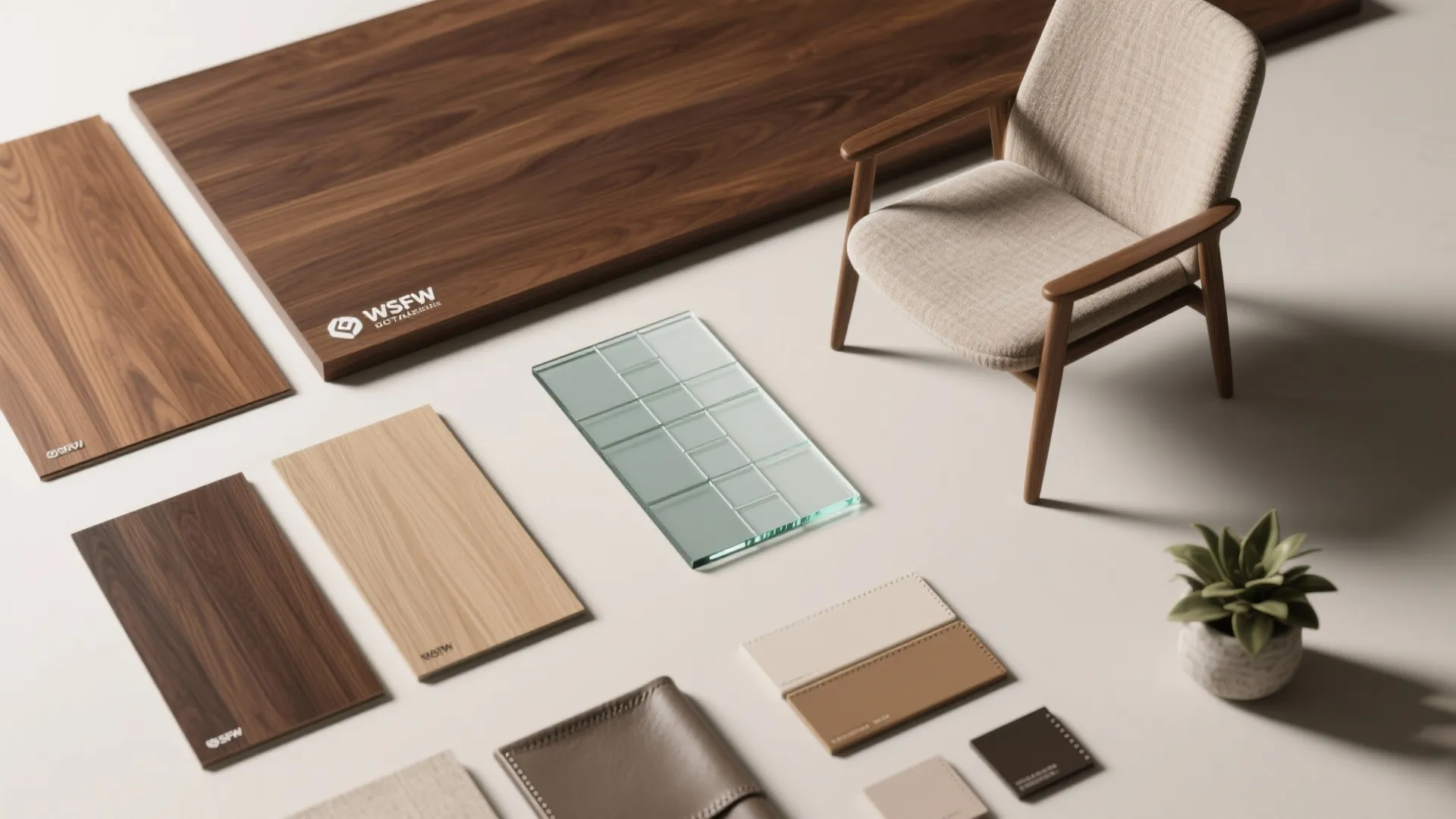 Interior design material board with wood samples glass panel leather swatches and a small chair