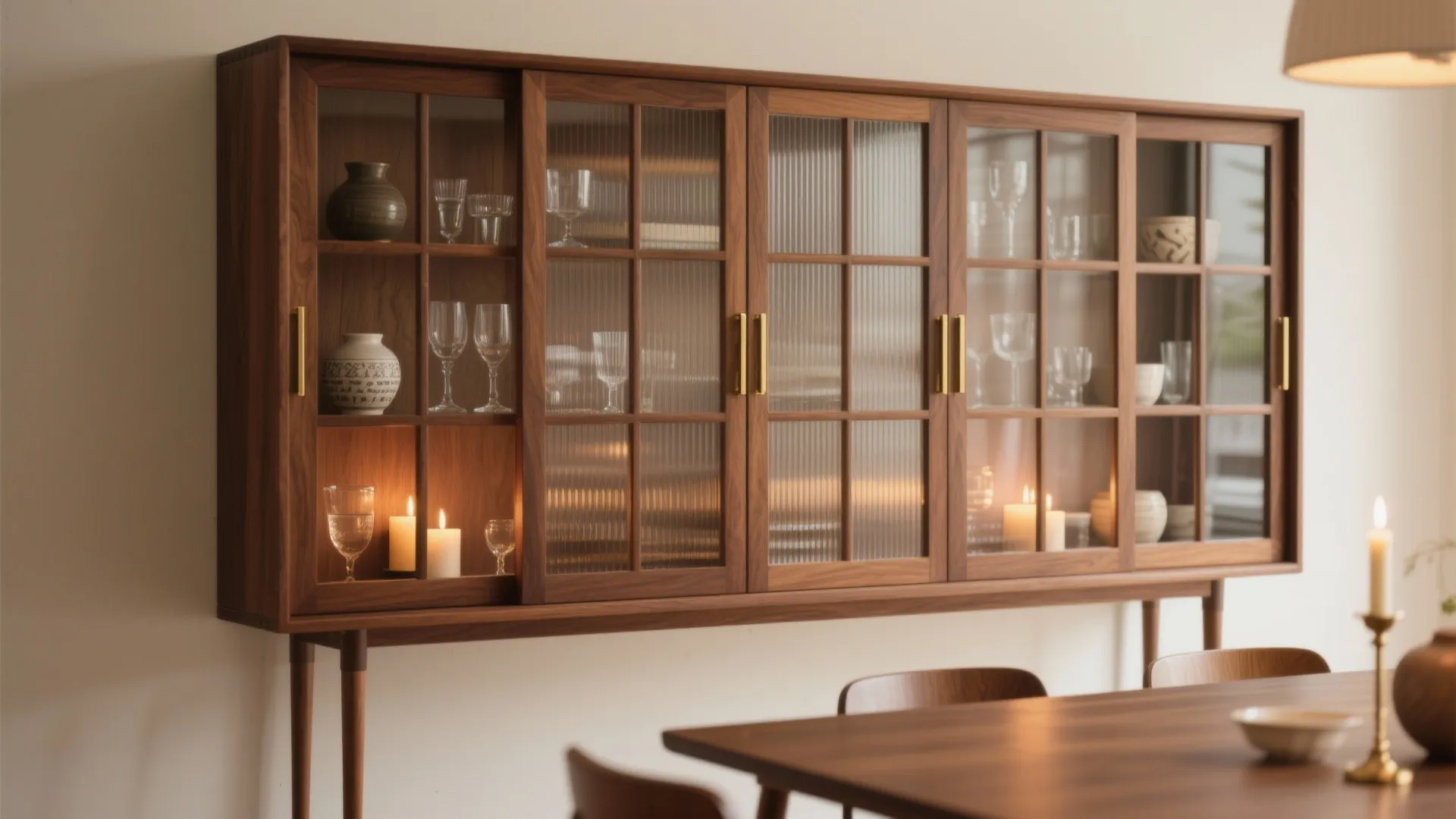 Wooden wall cabinet with glass doors containing glasses and vases above a dining room table