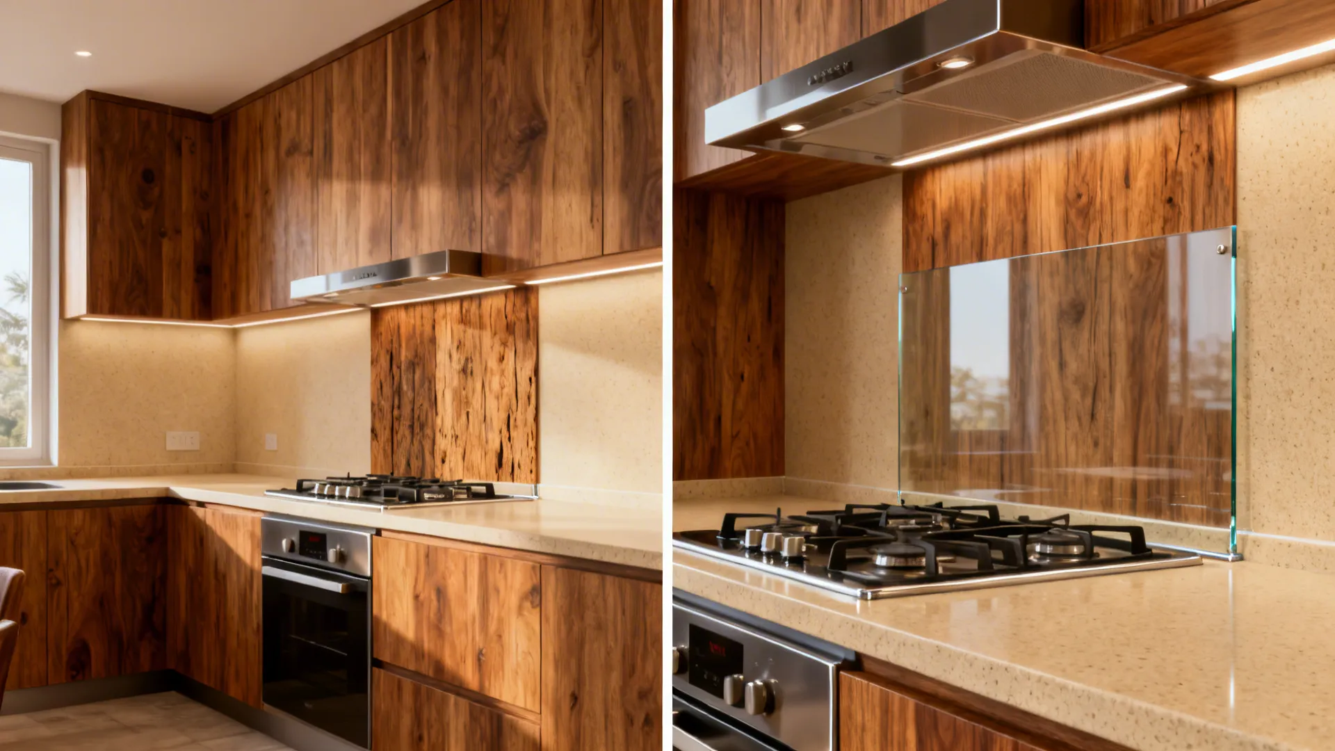Wood feature wall paired with clear tempered glass behind the stove for easy cleaning.