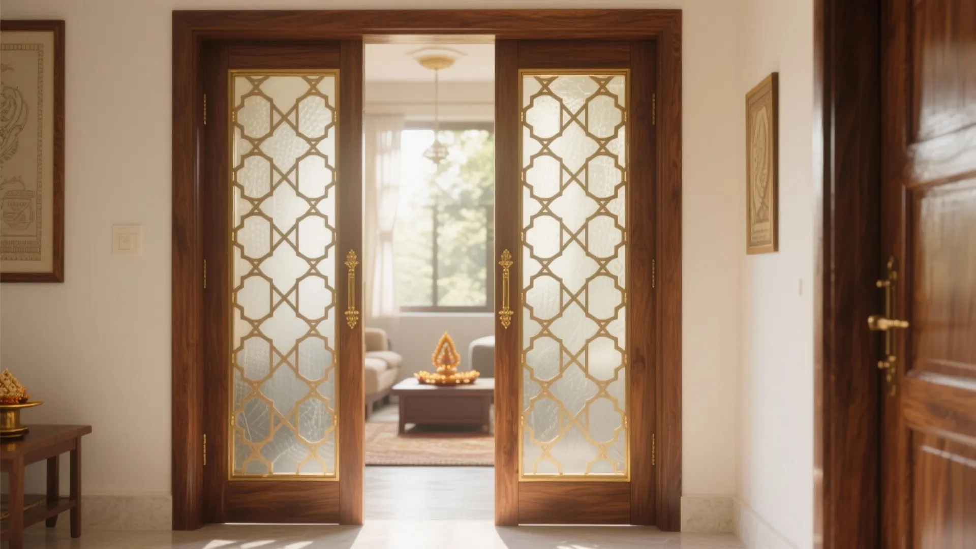 2) Wooden-and-glass jaali (lattice) for light and privacy