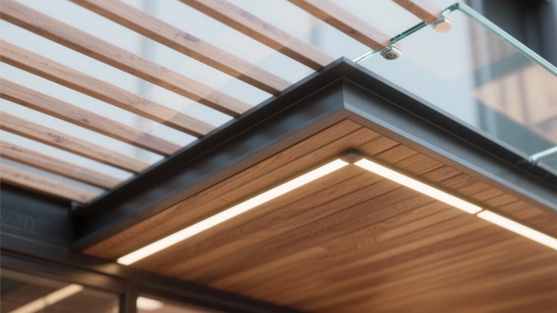 Modern outdoor ceiling with wood panels integrated light strips and a clear glass balcony railing