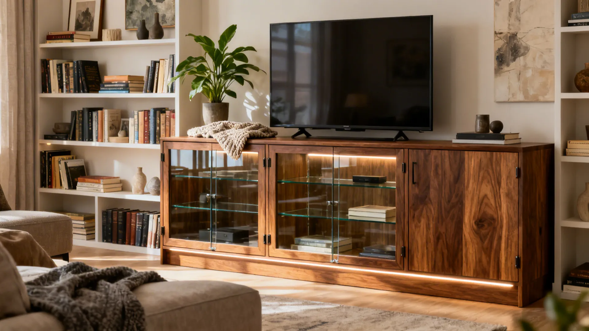 3) Mixed-material: wood case with glass doors and shelves