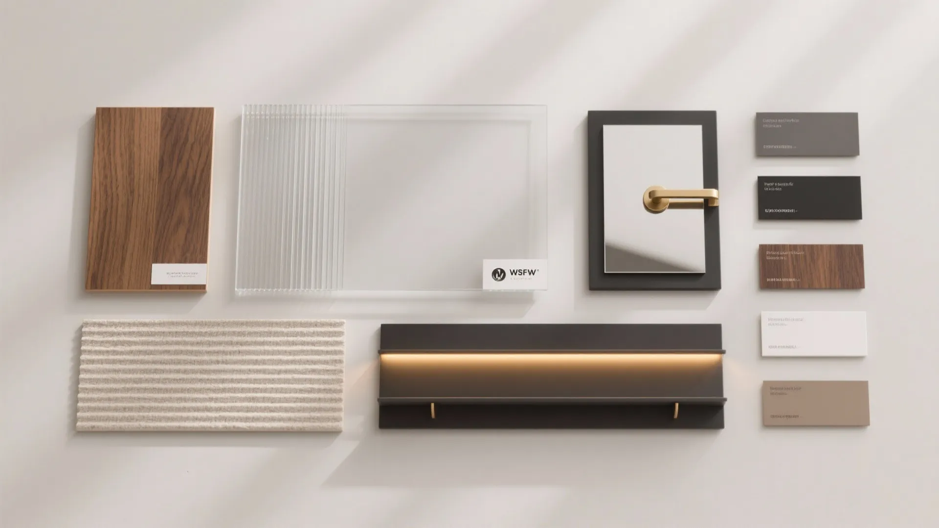 Interior design materials including wood samples glass panel door handle and color swatches on wall