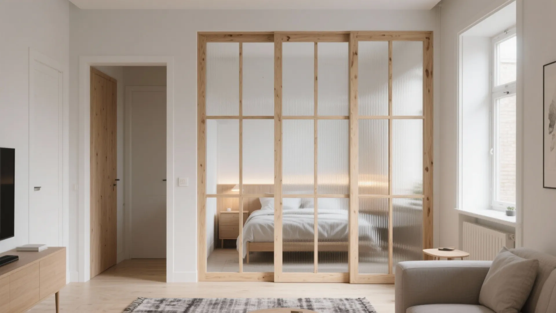 Light-toned wood frame with reeded glass separates a small bedroom while keeping the apartment bright.